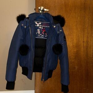 Genuine Moose Knuckles Blue Jacket with Black Real Fur Trim and Real Fur Pom Pom